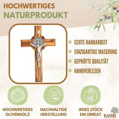 Olivenholz St. Benedikt Kreuz Benediktuskreuz Wandkreuz Kruzifix aus Bethlehem
