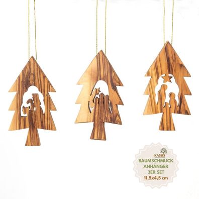 Olivenholz Weihnachtsdeko Baumschmuck Krippe 3er Set Tannenbaum Anhänger ohne Rinde