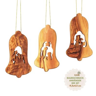Olivenholz Weihnachtsdeko Baumschmuck Krippe 3er Set Glocke Anhänger ohne Rinde