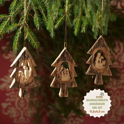 Olivenholz Weihnachtsdeko Baumschmuck Krippe 3er Set Tannenbaum Anhänger mit Rinde