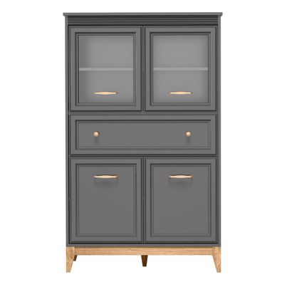 AX LIVING Vitrine Nymphen Dunkelgrau Glas 4 Türen 1 Schublade MDF Eiche Beine