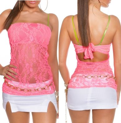 SeXy Miss Damen Girly Tube Bandeau Top spitze Shirt Bindung XS/S neon pink