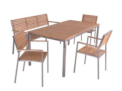 Garten-Sitzgruppe PAUL 6-tlg. Tisch 1x Bank 3x Hochlehner Braun Teak Schwarz