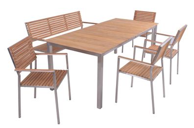 Garten-Sitzgruppe STINA 6-tlg. Teak Hellbraun Bank mit Lehne Gartenm?bel-Set