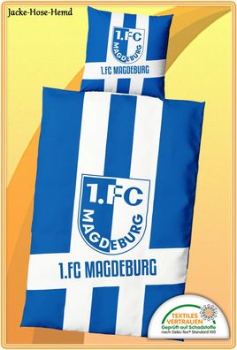 1. FC Magdeburg Bettwäsche Baumwolle Logo FCM Einkaufbeutel Blau Weiß Gr: 135x200cm