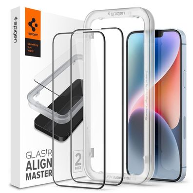 Spigen ALM Hartglas Schutzfolie für iPhone 13/13 Pro/14 - Schwarz, 2er Pack