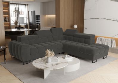 Ecksofa Schlafsofa Bastien MAX in Stoff Terra Dunkelgrau Ottomane Rechts