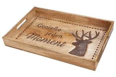 Gilde Deko Tablett "Hirsch" natur, aus Mangoholz "Genieße jeden Moment" nicht