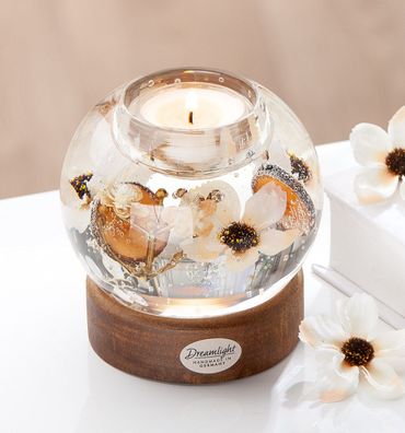 Gilde Dreamlight, Teelichtleuchter, Mercur auf Holzbase, "Light Blossom", Glas,