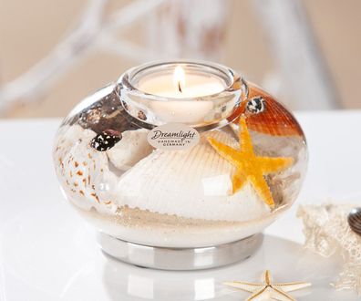Gilde Dreamlight, Teelichtleuchter, Contessa, "Beachhouse", Muschelmotiv, Glas,