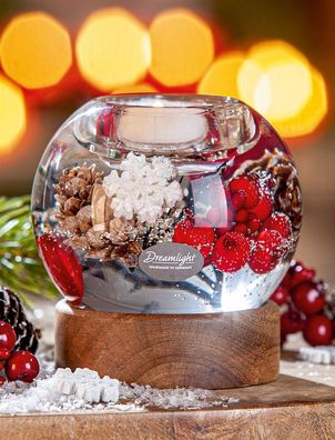 Gilde Dreamlight, Teelichtleuchter, Mercur auf Holzbase, Winter Berries , Holz,