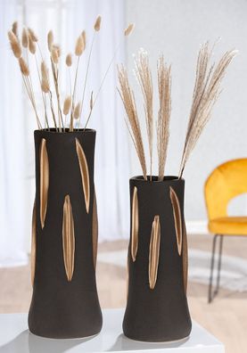 Gilde Vase, organisch, zylindrisch, "Kamari", Keramik, schwarz, anthrazitfarben,