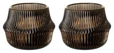 Fink FREYA 2er Set, Teelichthalter, Glas, Struktur, braun, goldfarben, L. 9 cm,