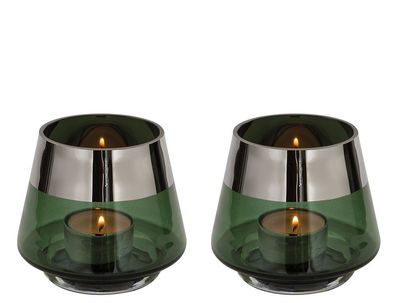 Fink JONA 2er Set, Teelichthalter, Glas, Silberfolie, glatt, dunkelgrün, silberfar
