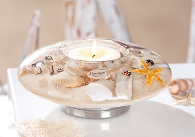 Gilde Dreamlight, Teelichtleuchter, Ufo Maxi, "Beachhouse", Muschelmotiv, Glas,