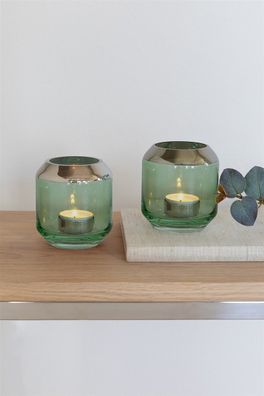 Fink SMILLA 2er Set, Teelichthalter, Vase, Glas, Silberfolie, glatt, grün, silberf