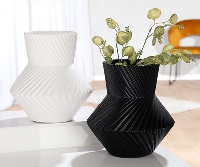 Gilde Vase, rund, "Rillos", Keramik, schwarz, weiß, VE 2, 2fach sortiert, H. 32