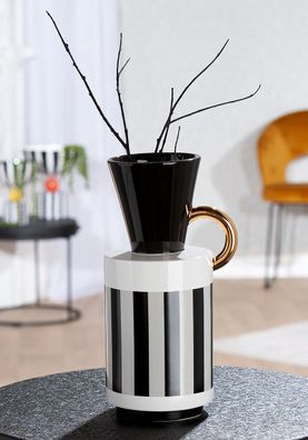 Gilde Henkelvase, "Pomposo", gestreift, Keramik, schwarz, weiß, VE 2, H. 29.5 cm,