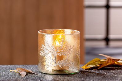 Gilde Windlicht, zylindrisch, "Branch", Zweigmotiv, Glas, goldfarben, VE 3, H. 15