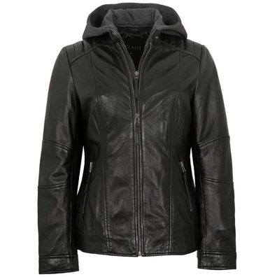 Jilani Collection - Damen Lederjacke Lammnappa Kapuze schwarz