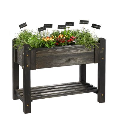 Hochbeet Premium schwarz aus Holz mit Rollen, Kräuterbeet Gartenbeet : Hochbeet mit R