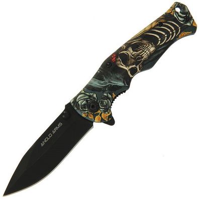 Anglo Arms Einhandmesser Skull Totenkopf mit Rosen, schwarze Klinge