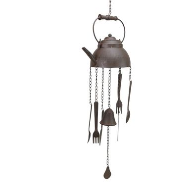 Vintage Windspiel Teekessel mit Besteck Metall Klangspiel Garten Terrasse Deko