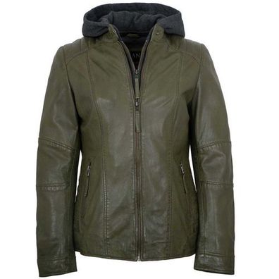 Jilani Collection - Damen Lederjacke Lammnappa Kapuze olive