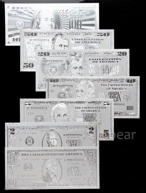 7er Set Souvenier USA Dollar Scheine Silber Plated 1 bis 100 Dollar(USA230426)