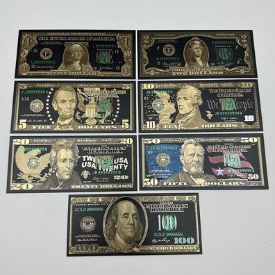 7er Set Souvenier USA Dollar Scheine 1 bis 100 Dollar Schwarzgoldfolie (USA230426)