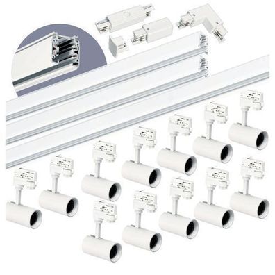 Schienensystem Komplett-Set 12xLampe und 2x1m + 2m Schiene, Verbinder I + L Weiß