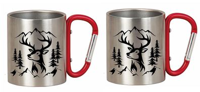 2 Stück Outdoorbecher mit Karabiner Hirsch rot Metall 200ml Wanderbecher Camping