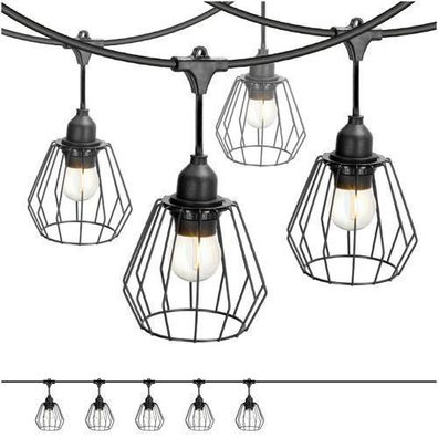 CRETE SET Gartengirlande 5m + Kabel 10m + 5x Lampenschirm schwarz D1 + Glühbirnen