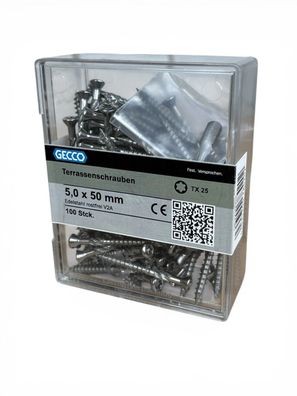 GECCO 100 Stück Terrassenschrauben Edelstahl A2 5,0x50 mm TX25 rostfrei