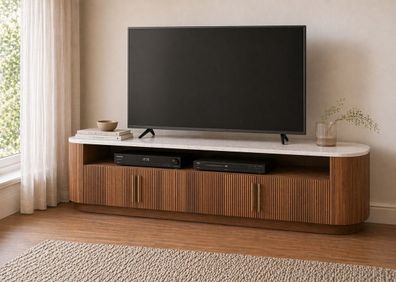 TV Board 220x55cm "Valencia"' Mango braun lackiert & Marmor weiss 4 kleine Türen