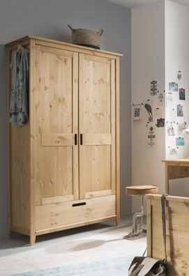 Kleiderschrank 2-trg. "Maja" 100cm Kiefer massiv laugenfarbig