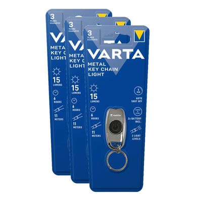 3x Varta LED Taschenlampe Metal Key Chain Light 15lm inkl. 2x Knopfzelle CR2016