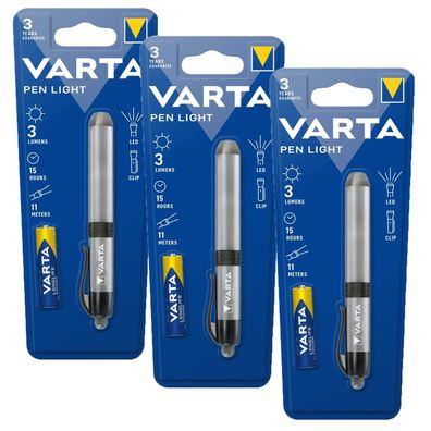 3x VARTA PEN LIGHT 3 Lumens Alu Pen Light Pupillenleuchte Stiftleuchte mit Clip