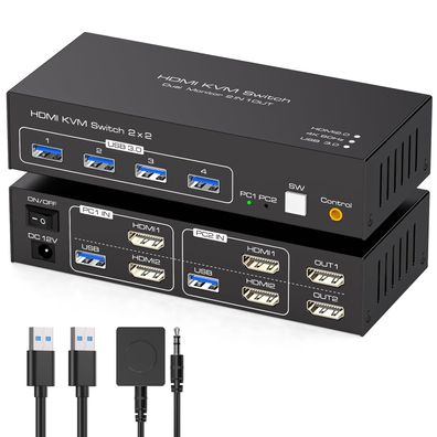 Tjcxele HDMI KVM Switch 2 PC 2 Monitore 4K60Hz USB 3.0