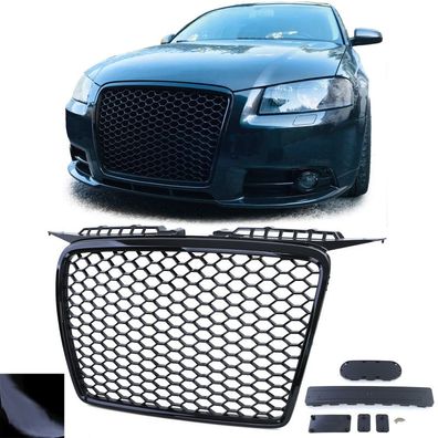 Waben Kühlergrill ohne Emblem Schwarz Glanz passend für Audi A3 8P 2003-2008