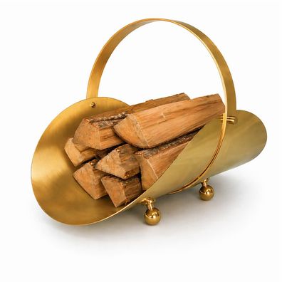Kaminholzkorb aus Messing - massive Holztrage stilvoll edel - Holzkorb mit Griff