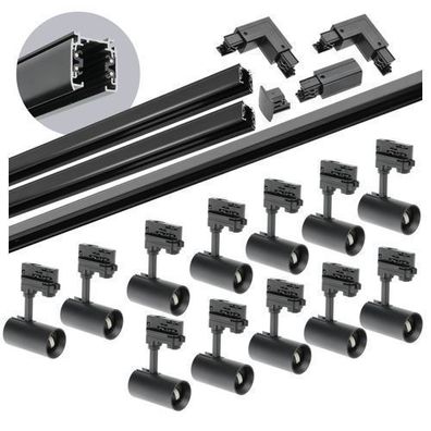 Schienensystem Komplett-Set 12xLampe und 2x1m + 2m Schiene, Verbinder L Schwarz