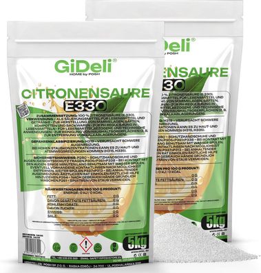 Zitronensäure 10kg Entkalker Citric Acid Lebensmittelqualität E330 Vegan GiDeli
