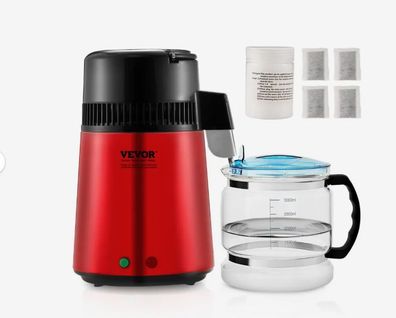 Wasserdestilliergerät 3,9 L 750 W Edelstahl 304 Glasbehälter rot