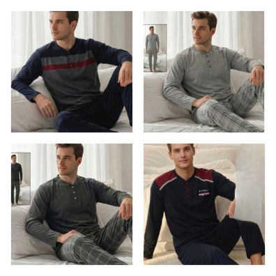 Herren Pyjama Schlafanzug Lang 2-Teiler Set Baumwolle M-75
