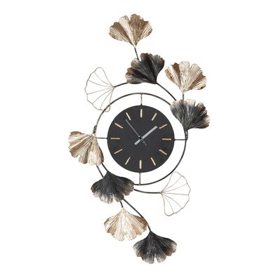 Gilde Wanduhr, rund, "Ginkgo", Ginkgomotiv, Metall, schwarz, VE 2, L. 3 cm, B. 43