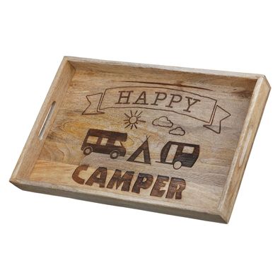 Gilde Tablett, rechteckig, "Camping", Schriftzug, Wohnwagenmotiv, Mangoholz, natur