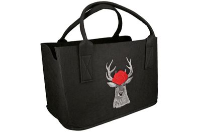 Gilde Tasche, rechteckig, "Hirsch mit Bollenhut", Hirschmotiv, Filz, schwarz, VE