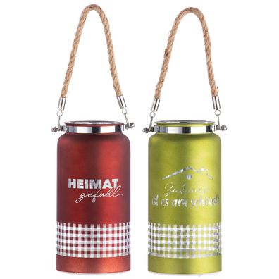 Gilde Windlicht (LED), zylindrisch, "Heimat", Spruch, kariert, Glas, grün, rot,