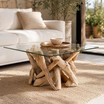 Teak Couchtisch TORA-eckig 70cm Wohnzimmertisch Glastisch Holztisch Tisch